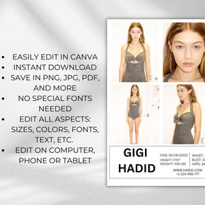 May include: A digital template for a model's profile card. The template features a collage of four photos of a woman wearing a green swimsuit. The text "GIGI HADID" is in large, bold letters. The template includes the model's vital statistics, website, and phone number.