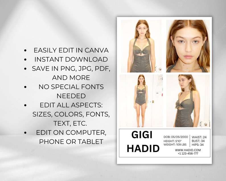May include: A digital template for a model's profile card. The template features a collage of four photos of a woman wearing a green swimsuit. The text "GIGI HADID" is in large, bold letters. The template includes the model's vital statistics, website, and phone number.