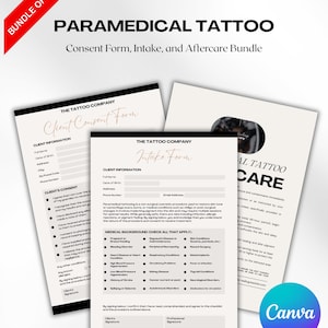 May include: A set of paramedical tattoo forms, comprising a consent form, intake form, and aftercare guide. The documents are printed on white paper with black text and gold script. A red banner in the corner states "BUNDLE OFFER".