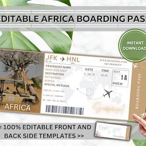 Plantilla EDITABLE de boleto de embarque sorpresa de safari africano, tarjeta de embarque de Canva, boleto de avión, cupón de regalo de viaje de avión de vacaciones, vol. 1