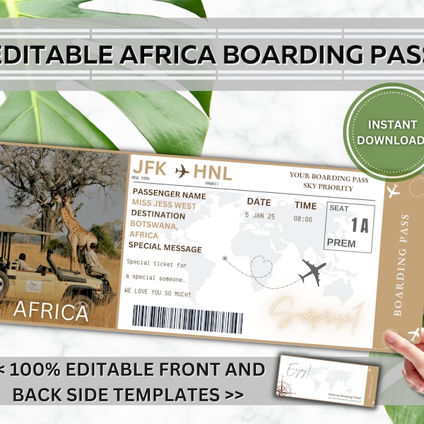 EDITABLE African Safari Surprise Boarding Ticket Template, Canva Boarding Pass, Plane Ticket Vacation Airline Trip Flight Gift Coupon Vol. 1