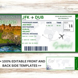 Modello modificabile per biglietto d'imbarco a sorpresa per l'Irlanda, carta d'imbarco Canva, biglietto aereo per l'Irlanda, buono regalo per viaggio aereo, vacanza, volo, vol. 1