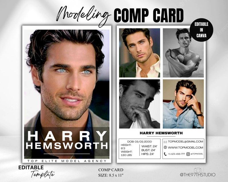 MALE MODEL Comp Card Template, Modeling Photocard, Zed Card for Models