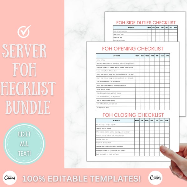 Restaurant Templates Starter Pack, Cleaning Checklist, Restaurant Manager, Restaurant Owner,Weekly Checklist, Server, Waiter,Canva Template