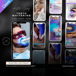 Puede incluir: Una colección de publicaciones e historias de Instagram que promocionan servicios de blanqueamiento dental. Las imágenes muestran a una persona recibiendo un tratamiento de blanqueamiento dental, un primer plano de una sonrisa y texto que dice "Reservar ahora" y "Nuevos productos". El esquema de color es azul eléctrico.