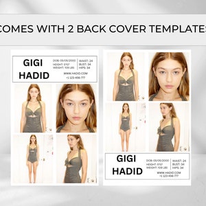 May include: Two mockups of a magazine cover featuring a model with the text "GIGI HADID" and her vital statistics. The model is wearing a green swimsuit and is shown in different poses.