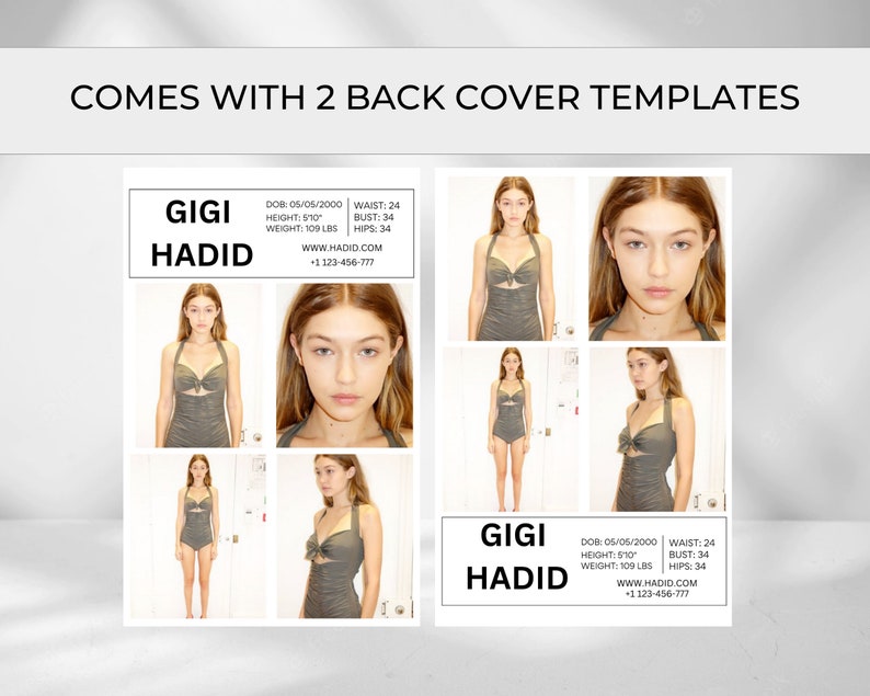 May include: Two mockups of a magazine cover featuring a model with the text "GIGI HADID" and her vital statistics. The model is wearing a green swimsuit and is shown in different poses.