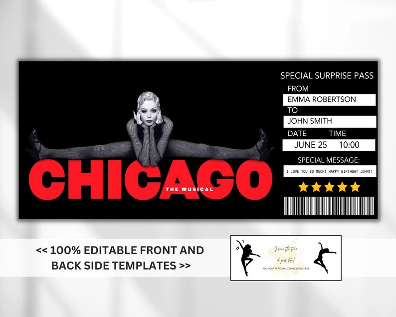 EDITABLE CHICAGO Broadway Surprise Ticket, Chicago Musical Collectible Theater Ticket, Chicago