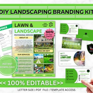 Lawn Care Branding Kit, Landscaping Invoice, Landscaping Brand Kit with Logo, Business Card, Mowing,Landscaping Social Media,Lawn Care Flyer