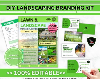 Lawn Care Branding Kit, Landscaping Business Card, Invoice (DIY Canva Template)