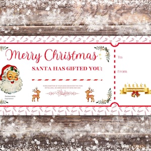 Può includere: Un certificato regalo di Natale stampabile con un bordo di bastoncino di zucchero rosso e bianco. Il certificato dice "Buon Natale, Babbo Natale ti ha regalato". Ha un'immagine di Babbo Natale, due renne e un nastro dorato con le parole "North Pole Express".