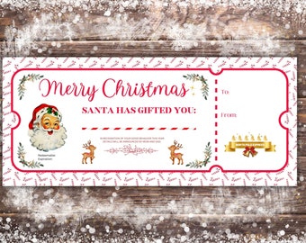 Op de afbeelding: Een printbaar kerstcadeaucertificaat met een rode en witte pepermuntrand. Het certificaat zegt "Merry Christmas, Santa Has Gifted You." Het heeft een afbeelding van de kerstman, twee rendieren en een gouden lint met de woorden "North Pole Express".