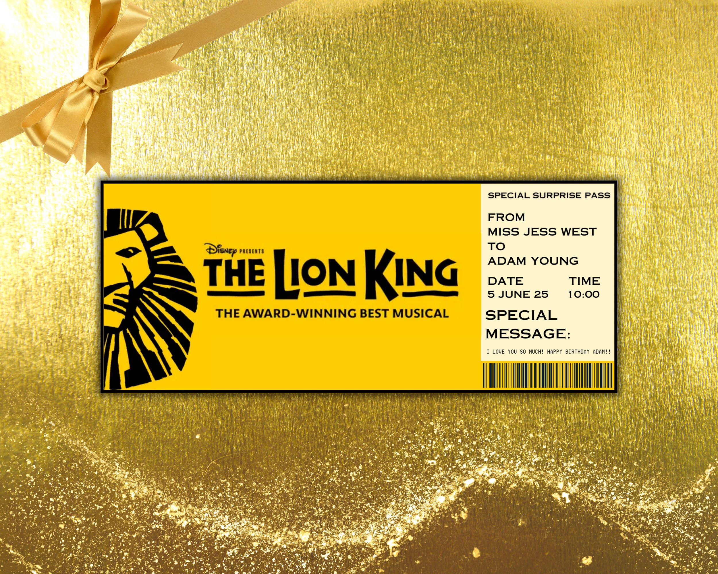 EDITABLE LION KING Broadway Surprise Ticket,musical Collectible Theater
