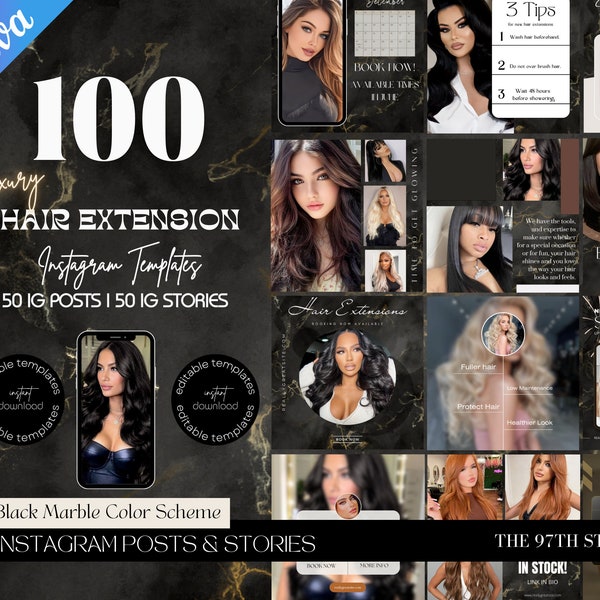 100 publications de modèles Instagram pour les entreprises d’extension de cheveux, le marketing d’extension de cheveux, les publications et histoires Instagram d’extension de cheveux, boutique de cheveux