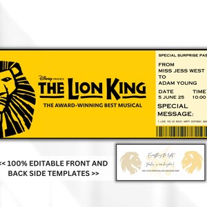 EDITIERBARER LÖWEN KÖNIG Broadway Surprise Ticket, Musical Sammler Theaterkarte, Lion King Editierbare Musiktheater-Veranstaltung Souvenir Ticket