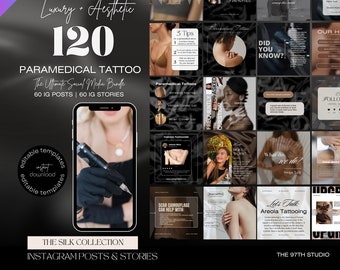 May include: A collection of 120 social media templates for paramedical tattoo artists. The templates feature a black and gold color scheme with images of tattoos, needles, and other related imagery. The text "Luxury + Aesthetic" and "The Silk Collection" are featured on the templates.