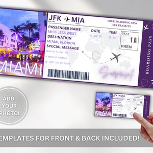 EDITIERBARE MIAMI Überraschungs Bordkarte Vorlage, DIY Canva Bordkarte, Flugticket Urlaub Fluggesellschaft Reise Flug Geschenk Gefälschter Ticket Coupon
