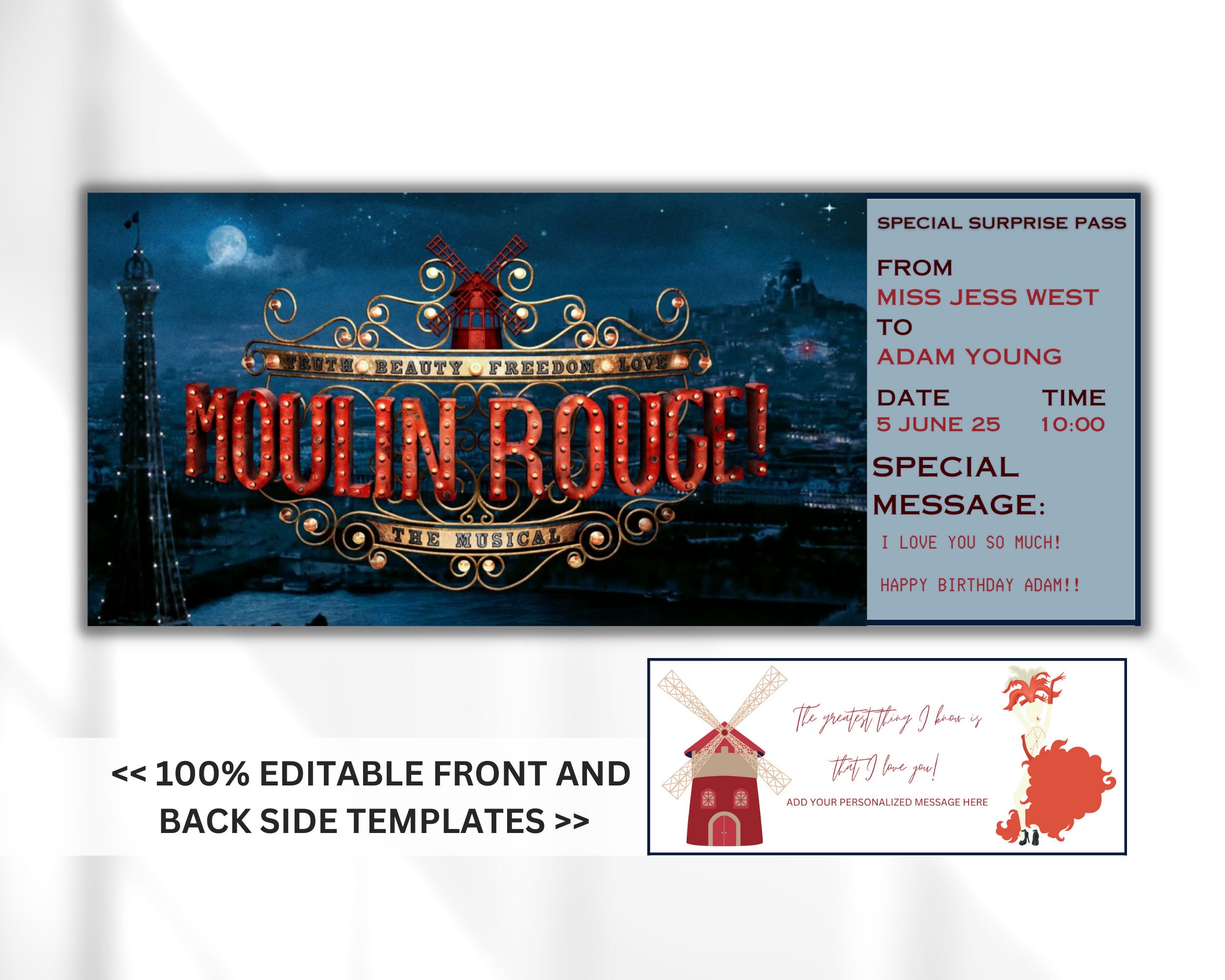 EDITABLE Printable Moulin Rouge Broadway Surprise Ticket,musical Collectible Theater Ticket