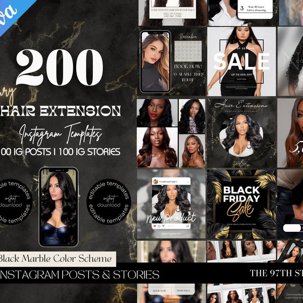 200 Instagram Template Posts for Hair Extension Business, Hair Extension Marketing, Hair Extension Instagram Posts and Stories,Hair Boutique