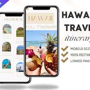 Op de afbeelding: Een mobiel telefoonscherm toont een reisroute voor Hawaii met foto's van stranden, ananas en een persoon die een ananassapje vasthoudt. De tekst op het scherm luidt "HAWAII FULL ITINERARY" en bevat data en locaties. De telefoon bevindt zich op een witte achtergrond met de tekst "HAWAII TRAVEL itinerary" en vinkjes voor "MOBILE SIZE", "100% EDITABLE" en "LINKED PAGES".