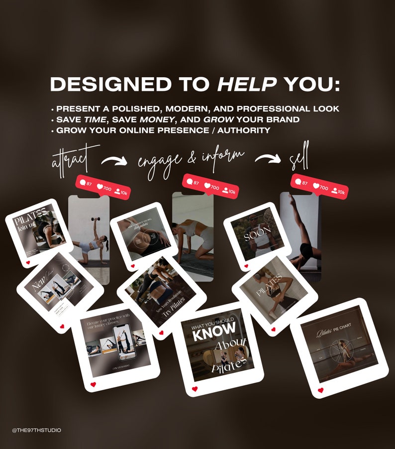 Op de afbeelding: Een collage van Instagram-berichten over Pilates, met afbeeldingen van mensen die Pilates-oefeningen doen, tekst over Pilates en een cirkeldiagram. De tekst bevat "What You Should Know About Pilates", "Try Pilates", "Pilates Join Us", "New", "Pilates Pie Chart" en "Soon".