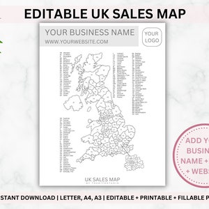 UK-Verkaufskarte, Geschäfts-Postleitzahl-Verkaufskarte, Farbe in Karte, Etsy-Verkäufe-Tracker, Postleitzahl, druckbare Karte für Verkäufe, Malblatt, Farbe in Karte