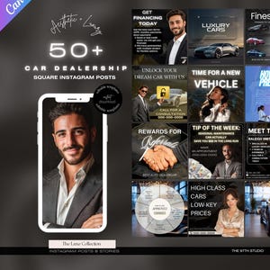 May include: A promotional graphic for car dealerships, featuring a grid of Instagram posts. The design includes images of luxury cars, people, and text such as "Get Financing Today" and "Luxury Cars." The overall aesthetic is modern and sleek.