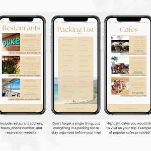 Op de afbeelding: Drie smartphone-schermen die een lijst met restaurants, een paklijst en een lijst met caf&eacute;s tonen. De restaurants zijn Duke's, Roy's en Michel's. De paklijst bevat items zoals zwemkleding, zonnebrandcr&egrave;me en een EHBO-doos. De caf&eacute;s zijn Arvo Cafe, Hard Rock Cafe en Cafe Kala.