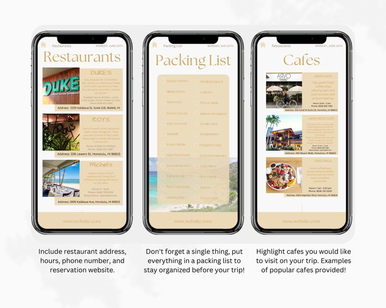 Op de afbeelding: Drie smartphone-schermen die een lijst met restaurants, een paklijst en een lijst met caf&eacute;s tonen. De restaurants zijn Duke's, Roy's en Michel's. De paklijst bevat items zoals zwemkleding, zonnebrandcr&egrave;me en een EHBO-doos. De caf&eacute;s zijn Arvo Cafe, Hard Rock Cafe en Cafe Kala.