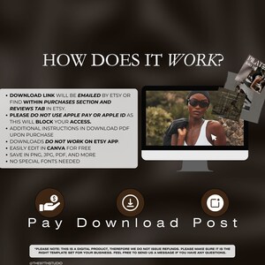 Op de afbeelding: Een grafiek met de tekst "Hoe werkt het?" en instructies over het downloaden van een digitaal product. De instructies omvatten het gebruik van een downloadlink die per e-mail door Etsy wordt verzonden of te vinden is in de sectie aankopen, en het vermijden van het gebruik van Apple Pay of Apple ID. De grafiek bevat ook een opmerking dat het product gratis in Canva kan worden bewerkt en kan worden opgeslagen in PNG, JPG, PDF en meer. De grafiek bevat ook de tekst "Betalen Downloaden Posten" met pictogrammen voor elk woord.