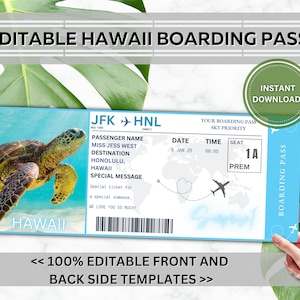 EDITABLE Hawaii Surprise Boarding Ticket Template, Canva Boarding Pass, Plane Ticket Vacation Airline Trip Flight Gift Coupon Turtle Vol. 1