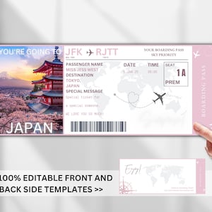 Modèle de billet d'embarquement surprise JAPON MODIFIABLE, carte d'embarquement avion Canva, billet cadeau de vol de vacances faux billet modèle Canva DIY