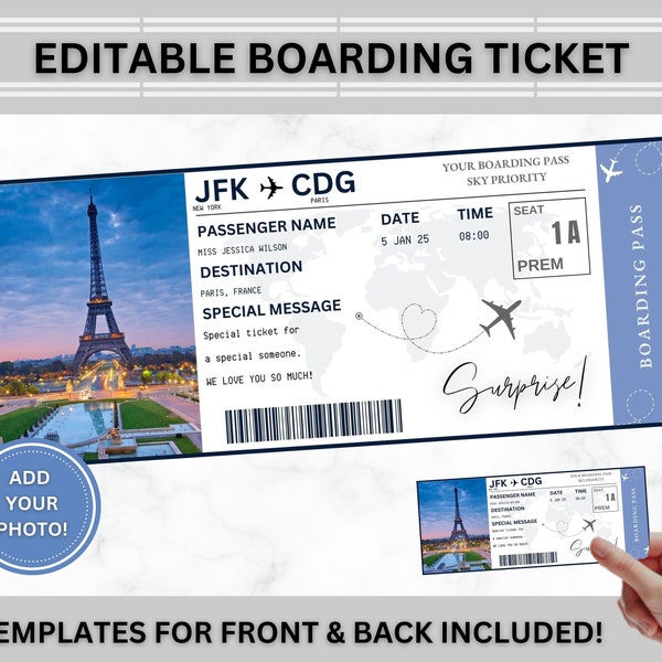 Plantilla EDITABLE de billete de embarque sorpresa, tarjeta de embarque de Canva, billete de avión, vacaciones, viaje en avión, regalo de vuelo, cupón de billete falso DIY PDF