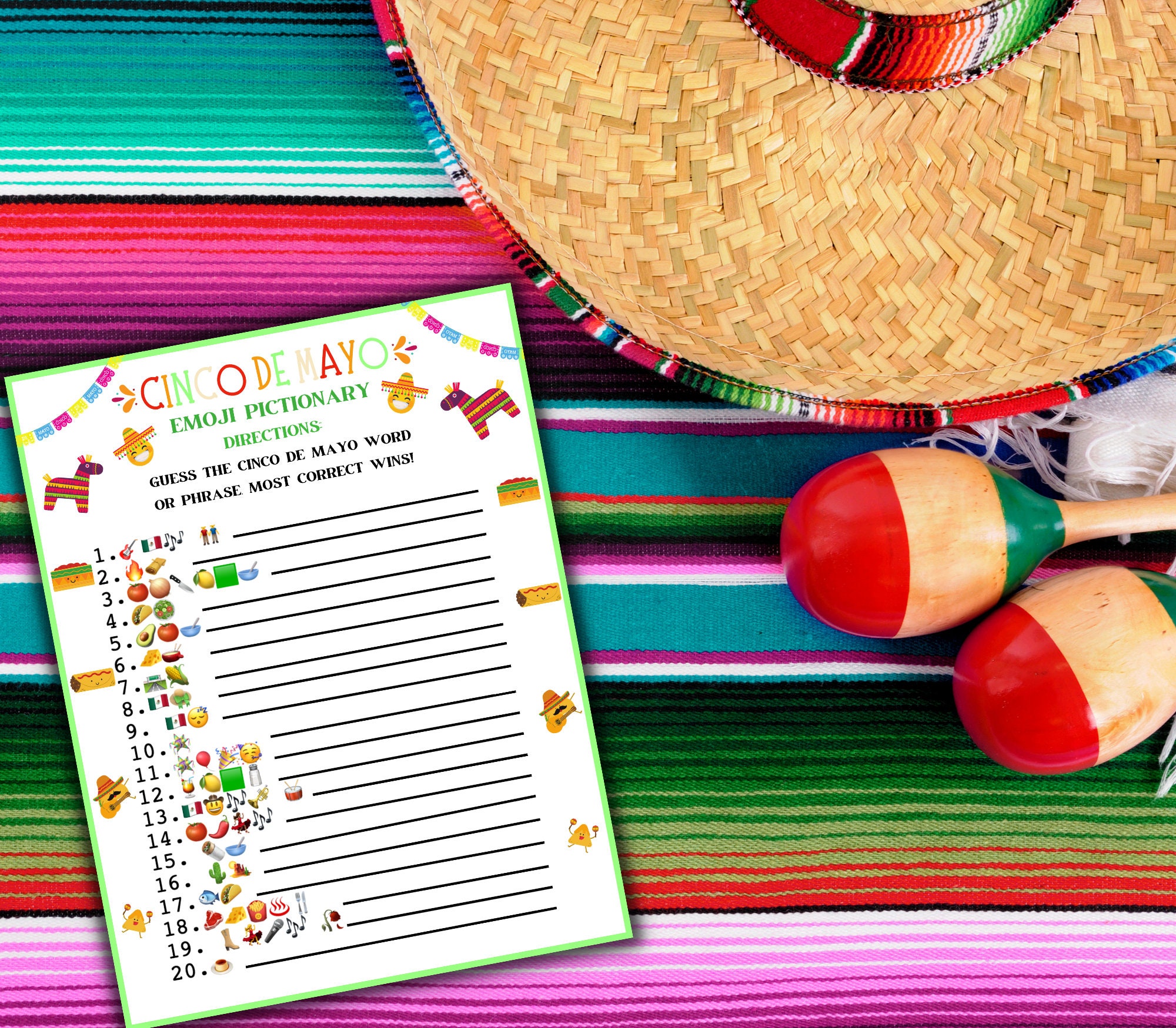 Cinco De Mayo Emoji Pictionary Party Game Mexican Party Games Fun Cinco