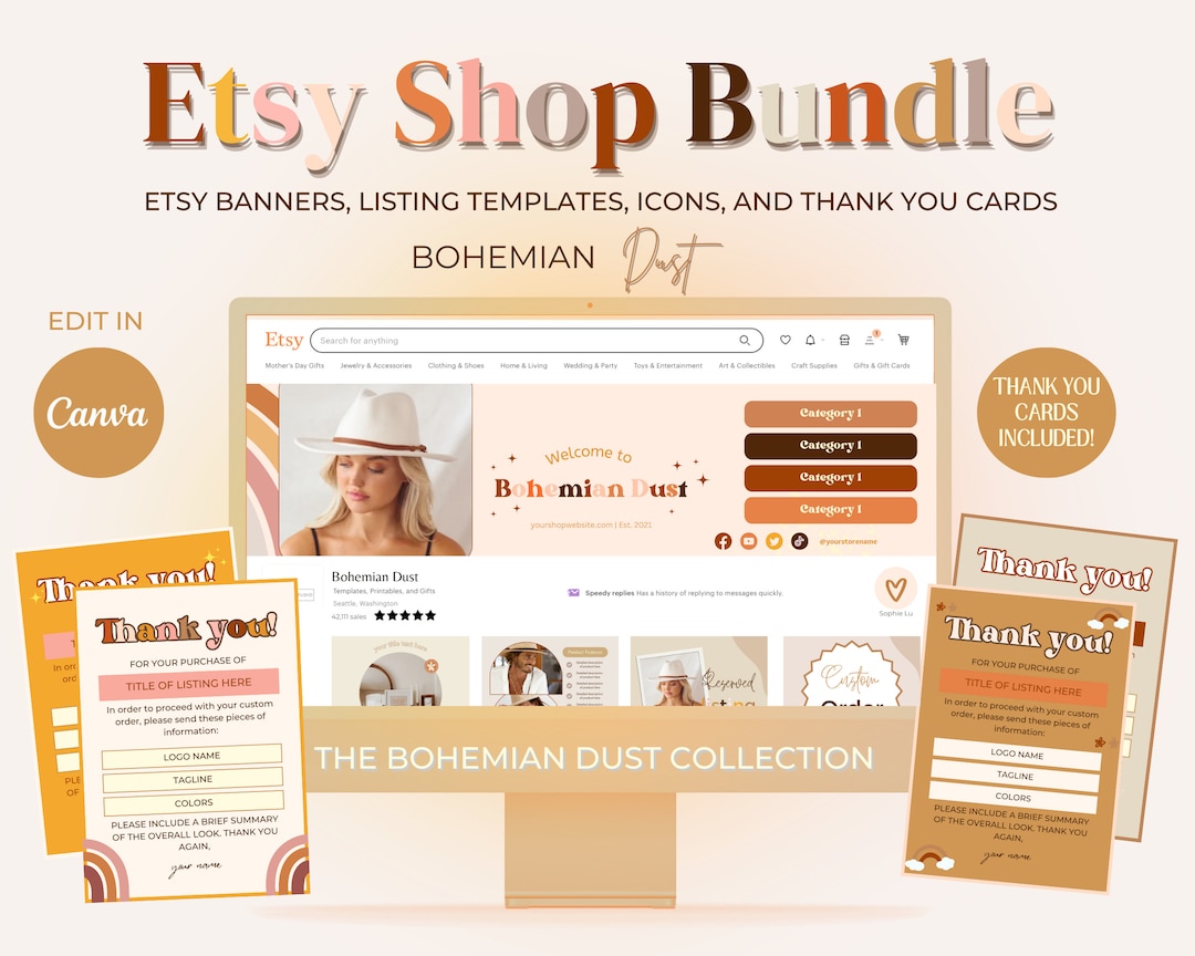 Boho Etsy Shop Kit Canva, Branding and Logo Kit, Etsy Shop Banner, Etsy