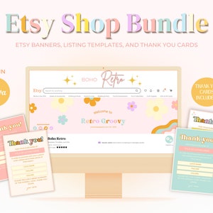 Etsy Shop Branding Kit Templates, Retro Groovy Boho Etsy Pastel Branding Kit, Editable Listing Canva Banner Etsy Seller Templates, Etsy Shop