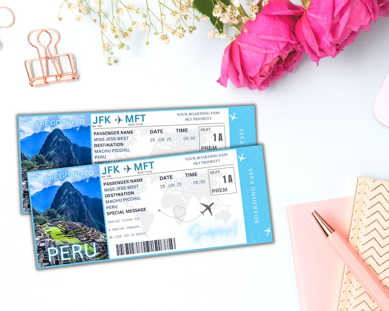 EDITABLE Peru Surprise Boarding Ticket Template Pass, Peru Canva