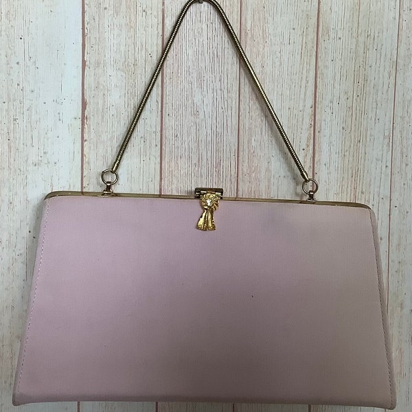 Vintage 1960s Pink Fabric Clutch Bag Retro Small Top Handle Bag Goldtone Diamonte Clasp Party Bag Mother of the Bride Clutch Bag