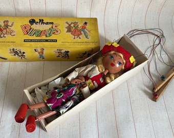 Vintage 1960s Handmade Pelham Puppet Retro Greta’s Wooden Puppet Toy Original Box Childrens Theatre Prop Handmade Puppet for Children