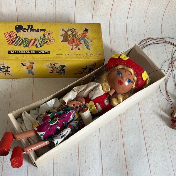 Vintage 1960s Handmade Pelham Puppet Retro Greta’s Wooden Puppet Toy Original Box Childrens Theatre Prop Handmade Puppet for Children