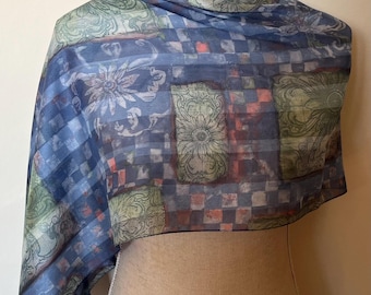 Vintage Polyester Long Floral Checker Scarf in Blue Green and Pink Tones