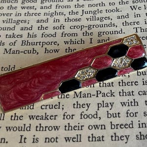 Vintage Art Deco Style Brooch: Pink Black Enamel Diamonte Pin