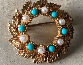 Vintage Wreath Goldtone Brooch Retro Turquoise Faux Pearl Pin Costume Jewelry Mid Century Round Brooch