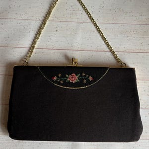 Vintage 1930er Jahre Kleine Schwarze Petit Point Detail Handtasche Retro Henkeltasche Stofftasche Bestickte Tasche Abendtasche Party Tasche Nadelspitze Handtasche