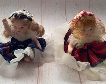 Vintage Porcelain Dolls Retro Seated Ceramic Dolls Set of Two Small Dolls Tartan Dresses Scottish Theme Unique Gift Ornament Dolls