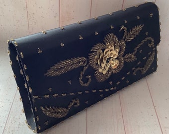 Vintage 1950s Black Satin Clutch Bag Empire Made Gold Beaded Evening Bag Retro Handbag Original Box Large Sequin Purse Special Occasion Bag