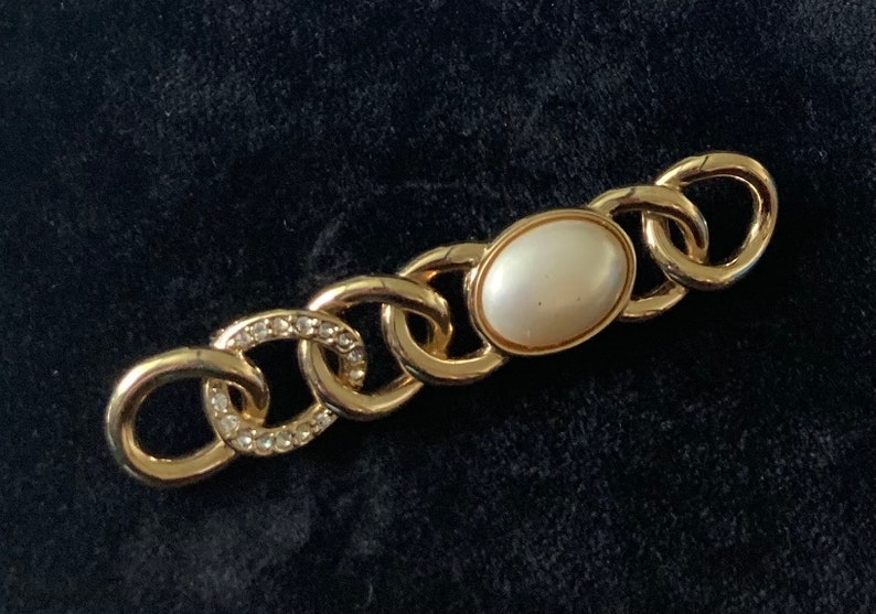 Vintage Cabochon Pearl Brooch Retro Jacket Lapel Pin Looped Bar Brooch Costume Jewelry Mid Century Brooch image 1