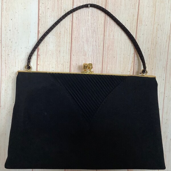 Vintage 1940s Black Fabric Handbag Retro Small Top Handle Bag Goldtone Kiss Clasp Handbag Embossed Metalware Frame Bag