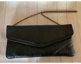 Vintage 1970s Black Faux Leather Shoulder Bag Goldtone Chain Envelope Bag Retro Made in Hong Kong Bag Gift for Her