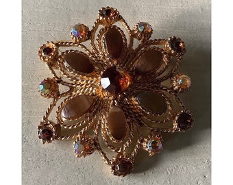 Vintage Large Brooch Brown Crystals Starburst Shape Retro Aurora Borealis Stones Pin Mid Century Jewelry Gift for Her